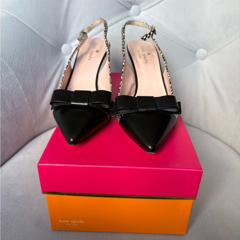 kate spade Black and White Polka Dot Bow Slingback Heels - Picture 3 of 10